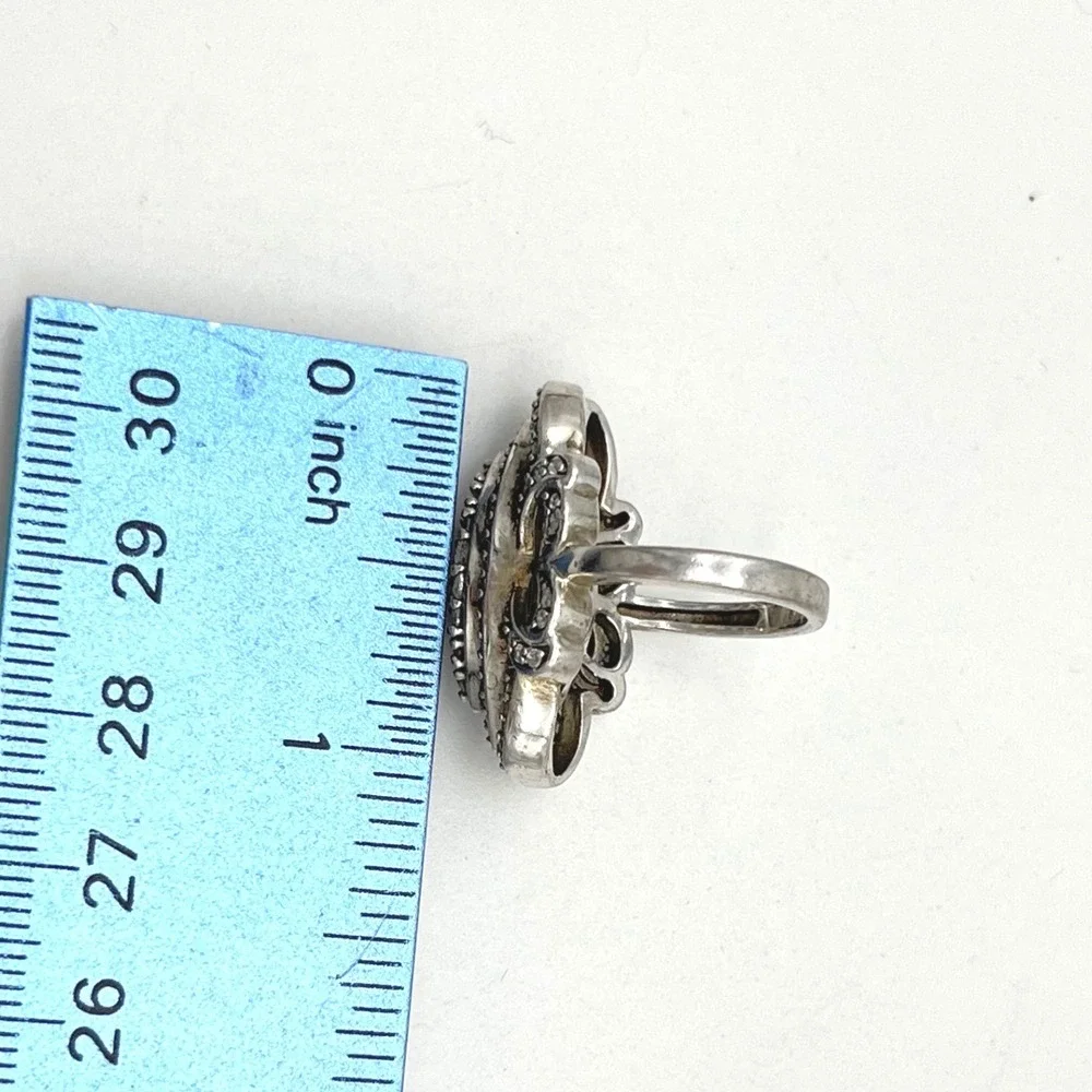 Ornate Marquee Ring Cubic Zirconia Pave Sterling Silver Statement‎ Cocktail Ring